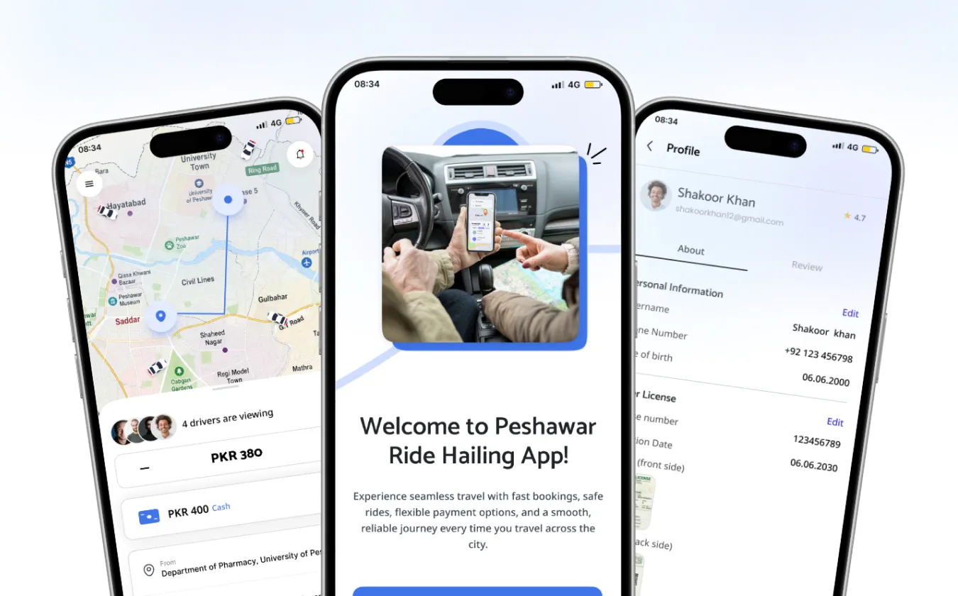 Safar on three phones: booking on the map, the welcome screen, and a driver profile
